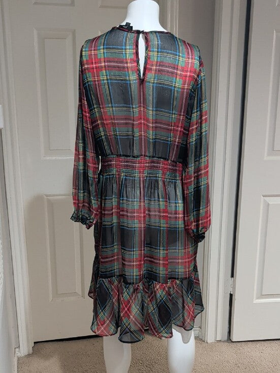 J. Crew Plaid Long-Sleeve Sheer Tiered Midi Dress in Red, Green & Blue Size XL
