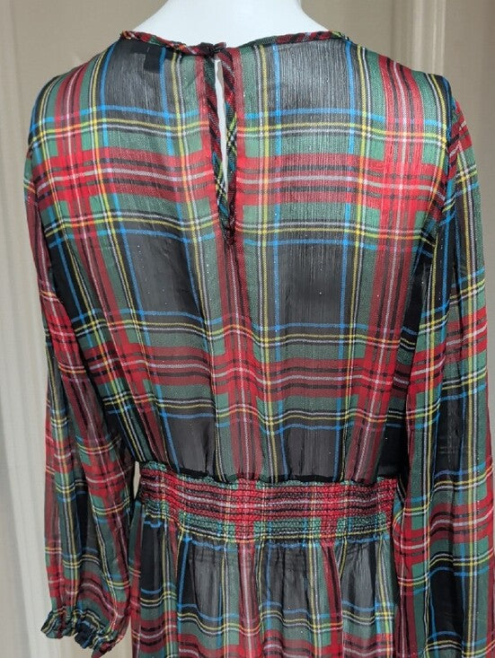 J. Crew Plaid Long-Sleeve Sheer Tiered Midi Dress in Red, Green & Blue Size XL