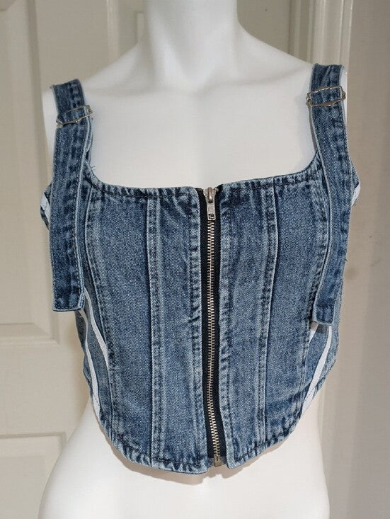 Micas Blue Denim Zip-Front Cropped Tank Top Adjustable Buckle Straps Women's M