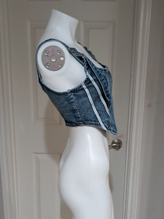 Micas Blue Denim Zip-Front Cropped Tank Top Adjustable Buckle Straps Women's M
