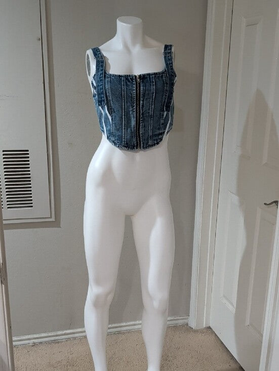Micas Blue Denim Zip-Front Cropped Tank Top Adjustable Buckle Straps Women's M