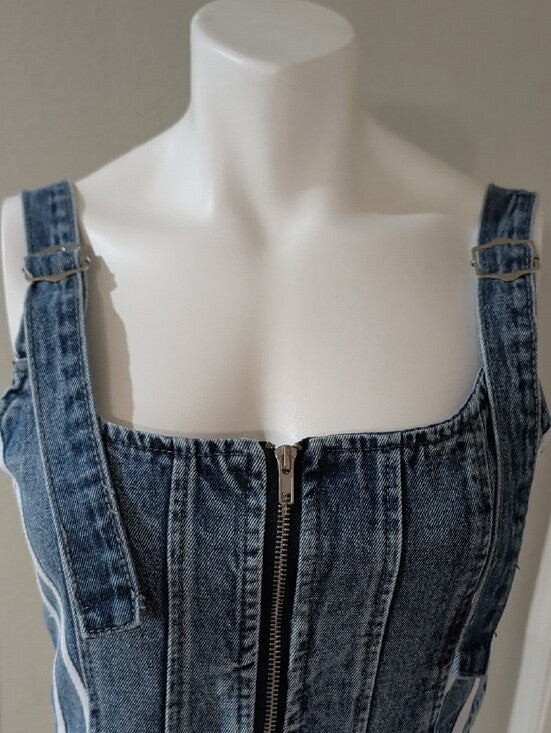 Micas Blue Denim Zip-Front Cropped Tank Top Adjustable Buckle Straps Women's M
