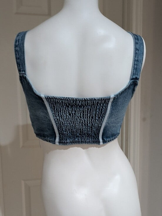 Micas Blue Denim Zip-Front Cropped Tank Top Adjustable Buckle Straps Women's M