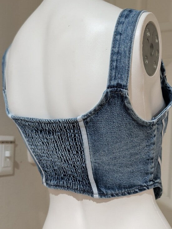 Micas Blue Denim Zip-Front Cropped Tank Top Adjustable Buckle Straps Women's M