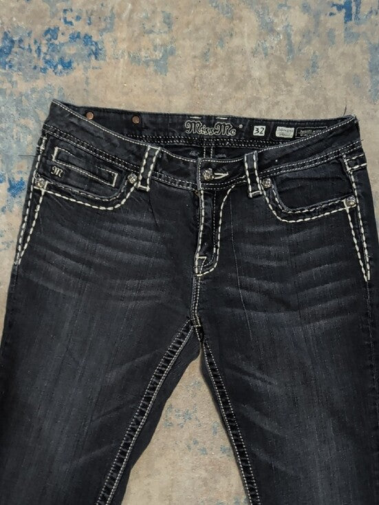 Miss Me Dark Indigo Skinny Jeans with White Stitching Women's 32