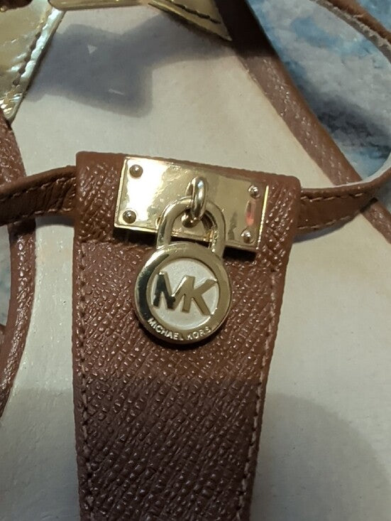 MICHAEL Michael Kors Brown Leather T-Strap Platform Sandals w/ Gold Hardware 10M