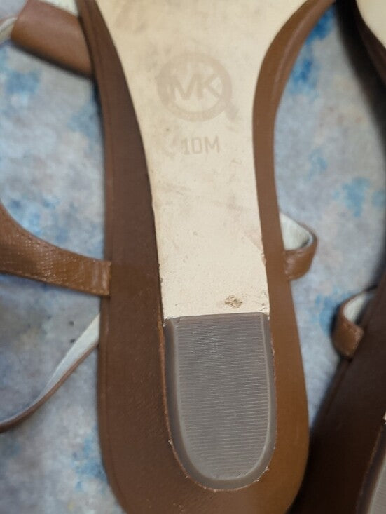MICHAEL Michael Kors Brown Leather T-Strap Platform Sandals w/ Gold Hardware 10M