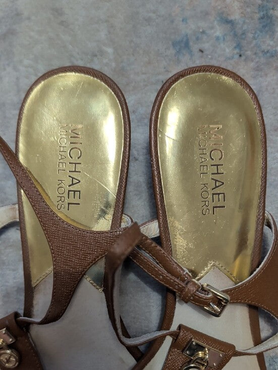 MICHAEL Michael Kors Brown Leather T-Strap Platform Sandals w/ Gold Hardware 10M