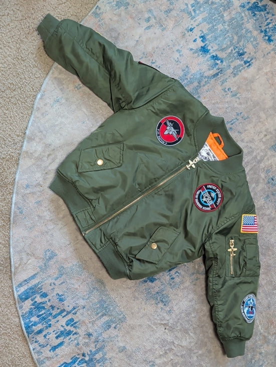 Kids Olive Green Puffer Bomber Jacket with Patch Accents Boys Size M (6)