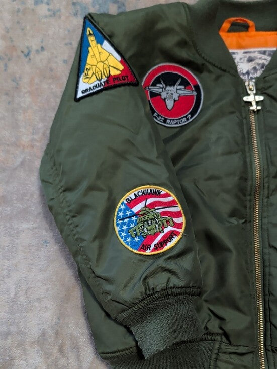 Kids Olive Green Puffer Bomber Jacket with Patch Accents Boys Size M (6)