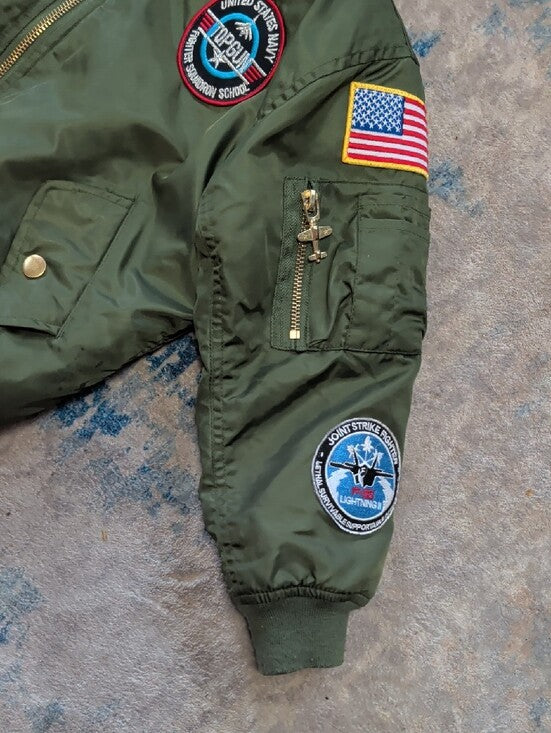 Kids Olive Green Puffer Bomber Jacket with Patch Accents Boys Size M (6)