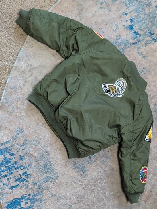 Kids Olive Green Puffer Bomber Jacket with Patch Accents Boys Size M (6)