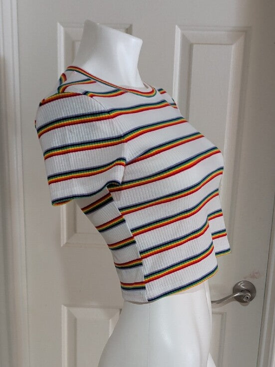 Shasa White Ribbed Crop Top with Rainbow Stripes Women's Small