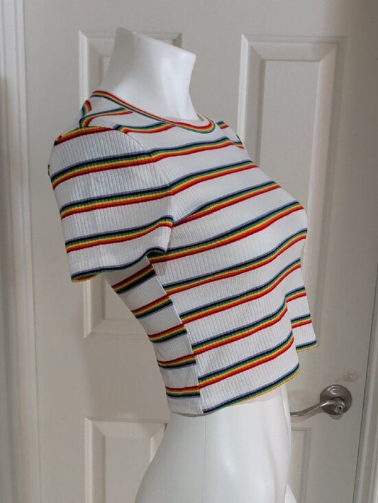 Shasa White Ribbed Crop Top with Rainbow Stripes Women's Small