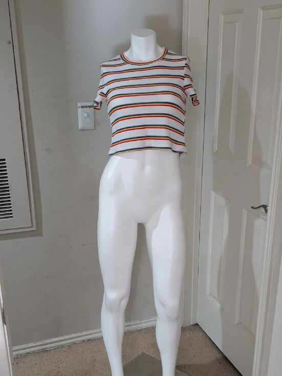 Shasa White Ribbed Crop Top with Rainbow Stripes Women's Small