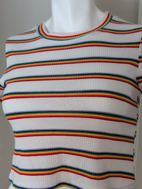 Shasa White Ribbed Crop Top with Rainbow Stripes Women's Small