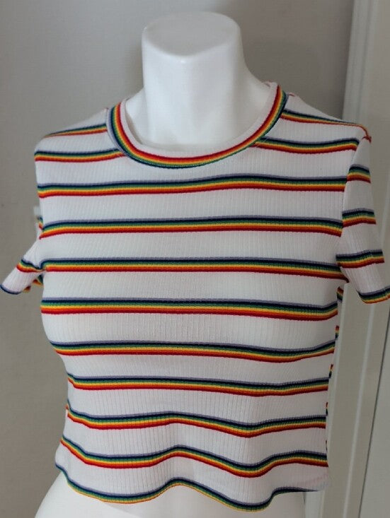 Shasa White Ribbed Crop Top with Rainbow Stripes Women's Small