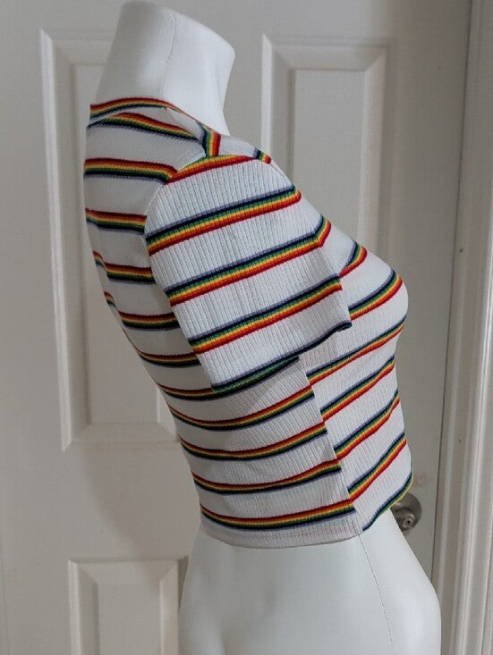 Shasa White Ribbed Crop Top with Rainbow Stripes Women's Small