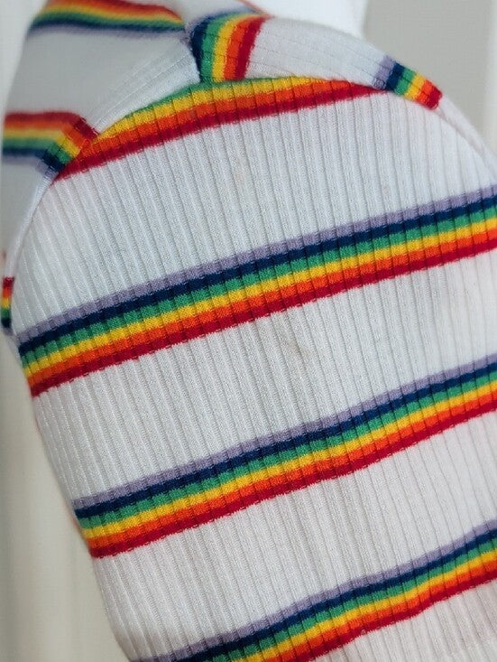 Shasa White Ribbed Crop Top with Rainbow Stripes Women's Small