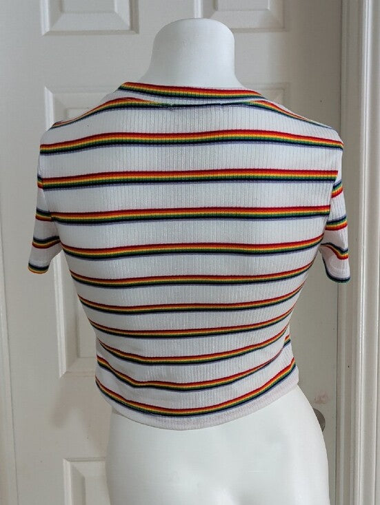 Shasa White Ribbed Crop Top with Rainbow Stripes Women's Small