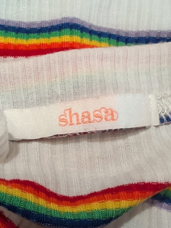 Shasa White Ribbed Crop Top with Rainbow Stripes Women's Small