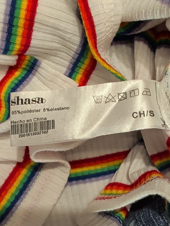 Shasa White Ribbed Crop Top with Rainbow Stripes Women's Small