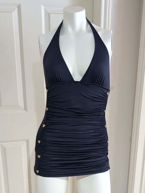 VTG Juicy Couture Navy Halter Ruched One-Piece Swim Dress Women's Small