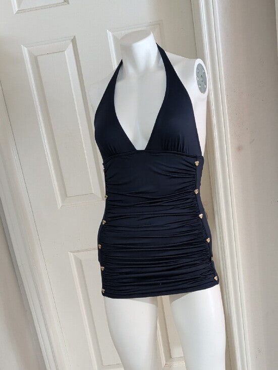 VTG Juicy Couture Navy Halter Ruched One-Piece Swim Dress Women's Small