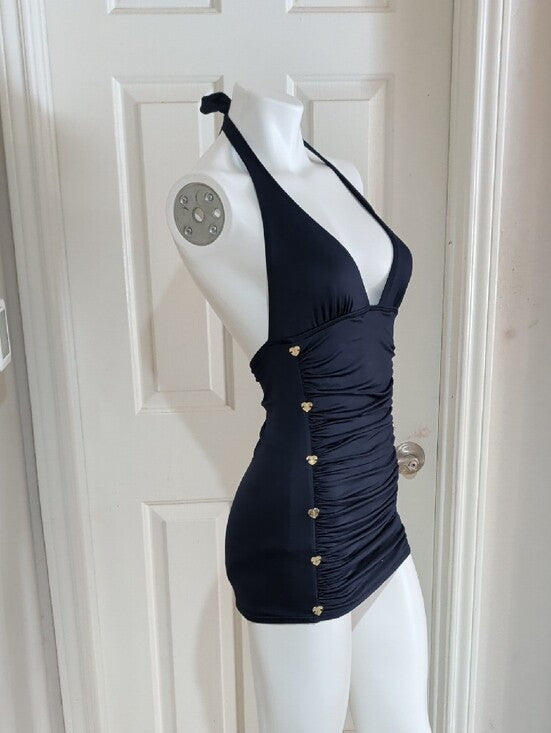 VTG Juicy Couture Navy Halter Ruched One-Piece Swim Dress Women's Small