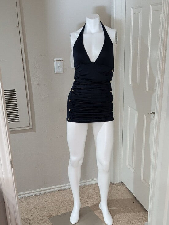 VTG Juicy Couture Navy Halter Ruched One-Piece Swim Dress Women's Small