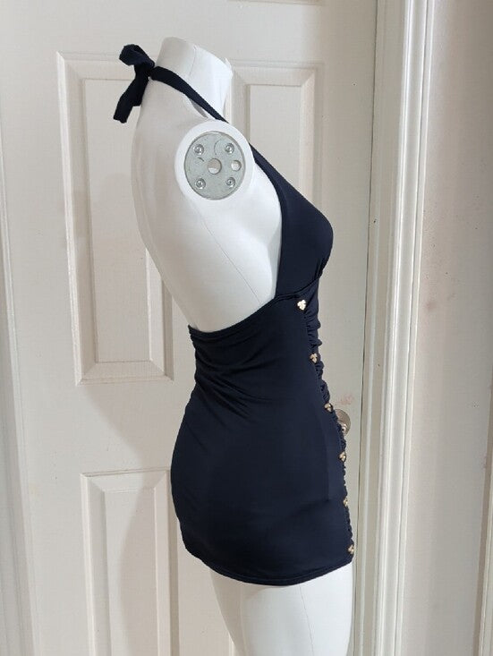 VTG Juicy Couture Navy Halter Ruched One-Piece Swim Dress Women's Small