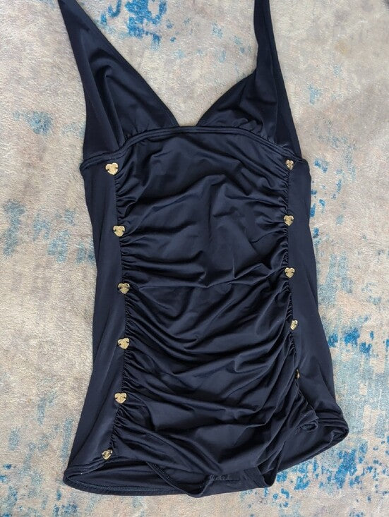 VTG Juicy Couture Navy Halter Ruched One-Piece Swim Dress Women's Small