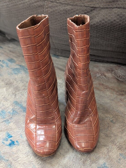 VTG Chinese Laundry Cognac Croc-Embossed Block Heel Ankle Boots Women's 7