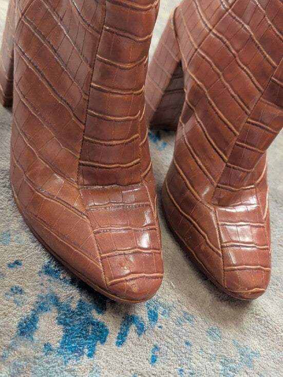 VTG Chinese Laundry Cognac Croc-Embossed Block Heel Ankle Boots Women's 7