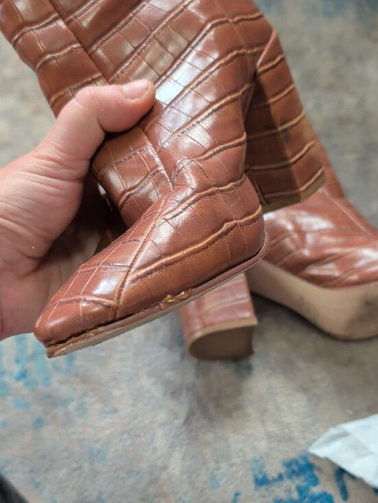 VTG Chinese Laundry Cognac Croc-Embossed Block Heel Ankle Boots Women's 7
