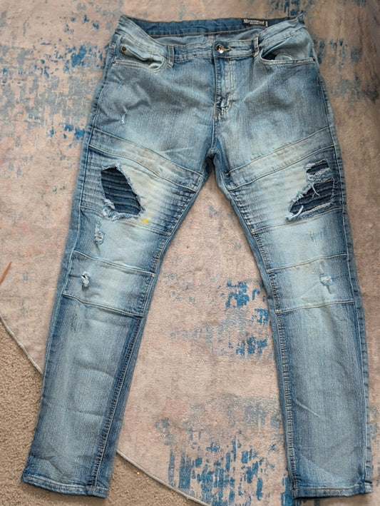 South Pole Men's Light Blue Distressed Biker Skinny Jeans 36x32
