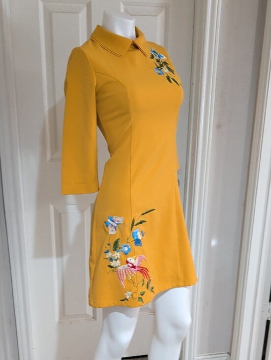 D&R Fashion Embroidered Mustard A-Line Dress with Peter Pan Collar Women's Small