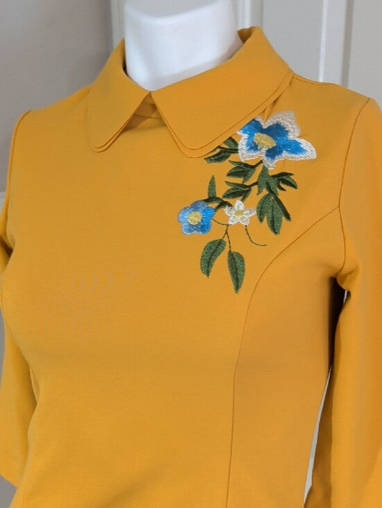 D&R Fashion Embroidered Mustard A-Line Dress with Peter Pan Collar Women's Small