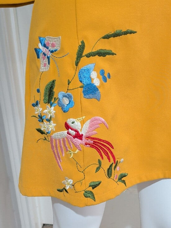 D&R Fashion Embroidered Mustard A-Line Dress with Peter Pan Collar Women's Small