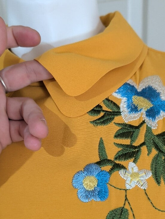 D&R Fashion Embroidered Mustard A-Line Dress with Peter Pan Collar Women's Small