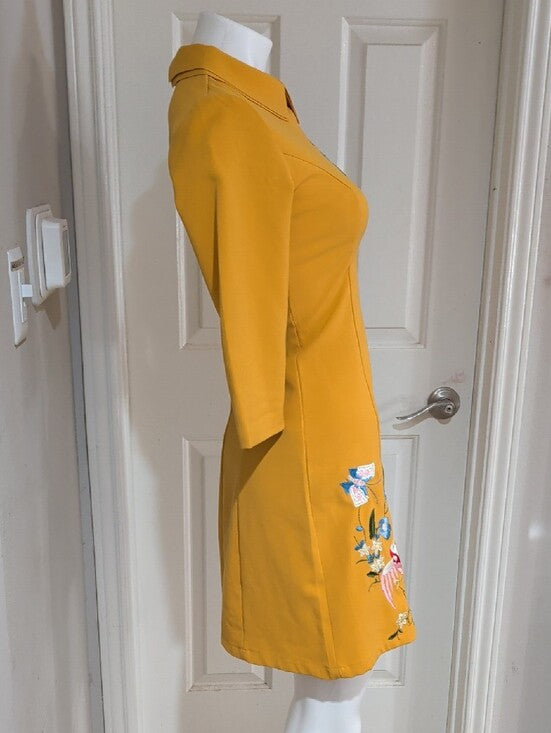 D&R Fashion Embroidered Mustard A-Line Dress with Peter Pan Collar Women's Small