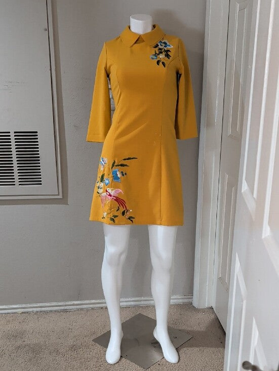 D&R Fashion Embroidered Mustard A-Line Dress with Peter Pan Collar Women's Small