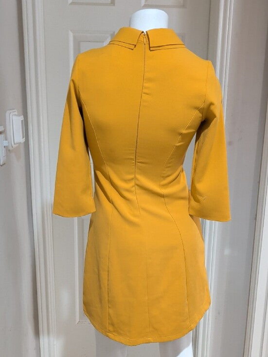 D&R Fashion Embroidered Mustard A-Line Dress with Peter Pan Collar Women's Small