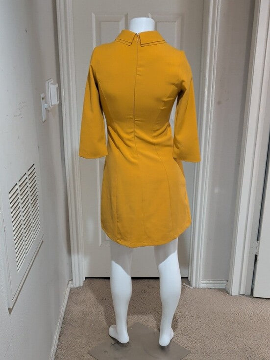 D&R Fashion Embroidered Mustard A-Line Dress with Peter Pan Collar Women's Small