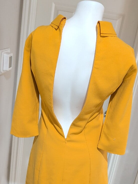 D&R Fashion Embroidered Mustard A-Line Dress with Peter Pan Collar Women's Small