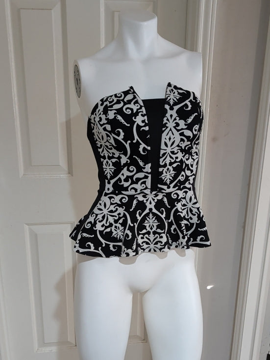 Papaya Strapless Black & White Retro Peplum Top Women's Small