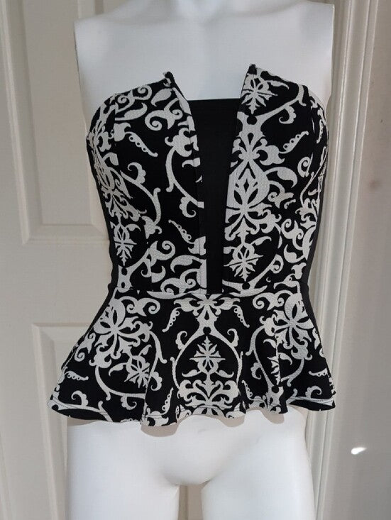 Papaya Strapless Black & White Retro Peplum Top Women's Small