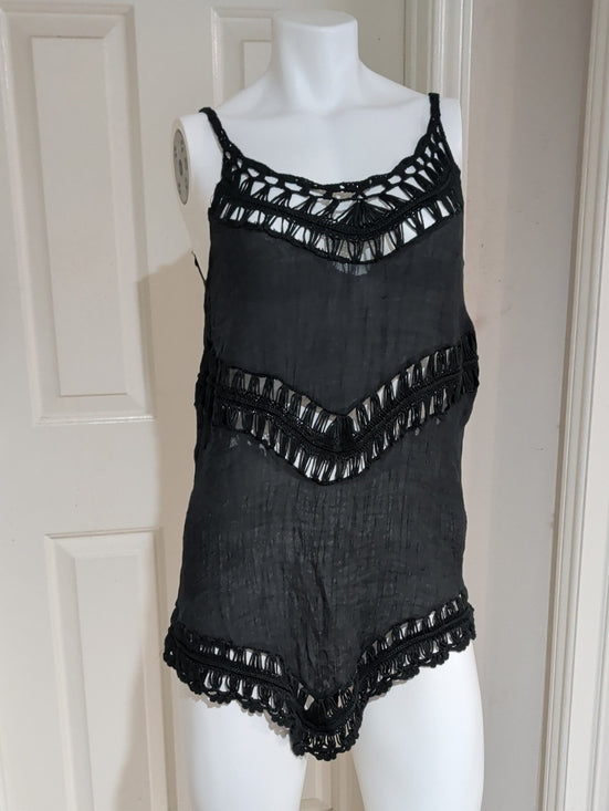 Black Crochet-Trim Acrylic Cut-Out Sleeveless Women's Tunic Cover-Up Women's S/M