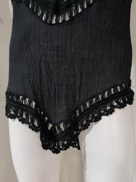 Black Crochet-Trim Acrylic Cut-Out Sleeveless Women's Tunic Cover-Up Women's S/M