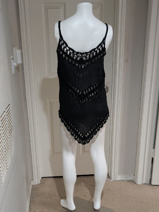 Black Crochet-Trim Acrylic Cut-Out Sleeveless Women's Tunic Cover-Up Women's S/M
